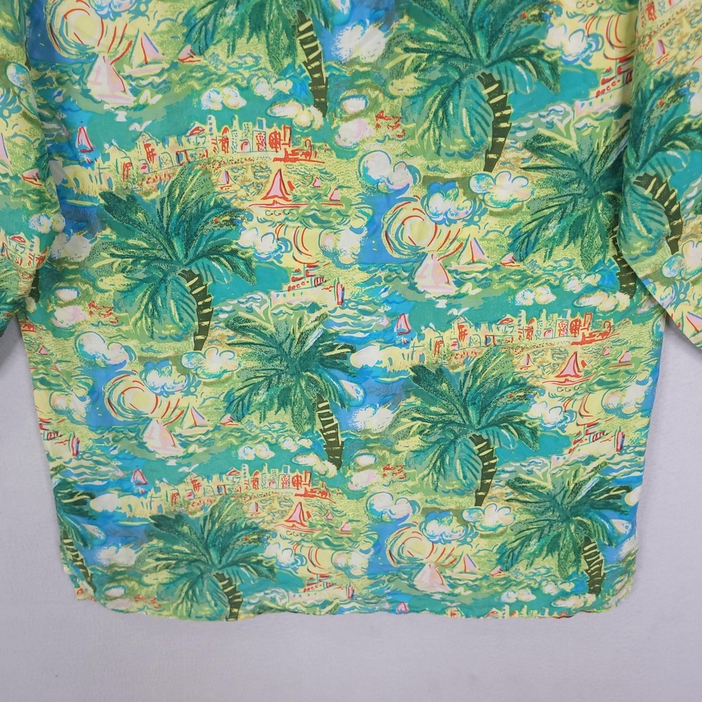 Robert Stock Shirt Mens Large Green Tropical Palm Tree Sailboat Button Front - Picture 8 of 13